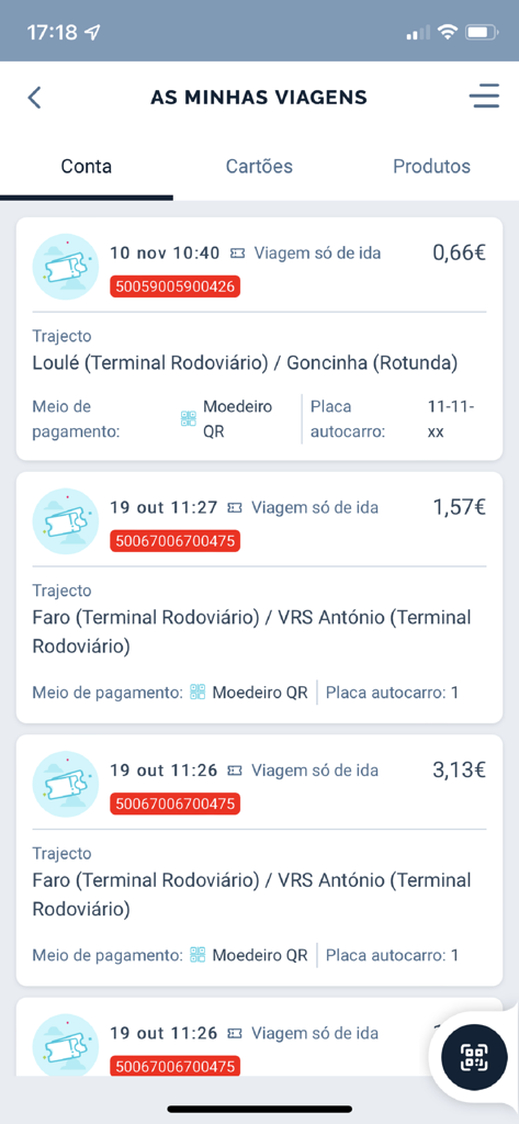 A list of past bus trips and digital ticket records within the Vamus Algarve mobile app travel history screen.