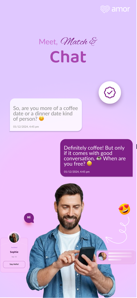 Amor Dating & Matchmaking - A man smiling at his phone while using the Amor dating app's chat interface to arrange a date.