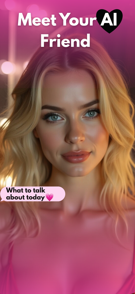 A close up portrait of a blonde AI companion with the text Meet Your AI Friend and a chat bubble prompt
