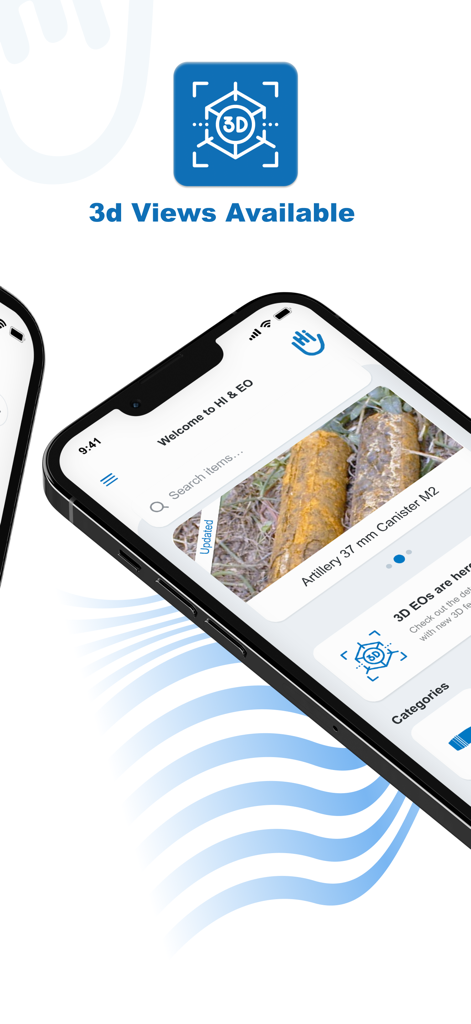 HI-EO - HI-EO mobile app interface displaying a 3D view of an artillery canister for ordnance identification