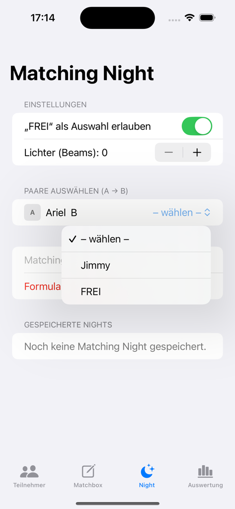 AYTO-Rechner - Interface of the AYTO-Rechner app showing the Matching Night screen with a dropdown menu to select pairings for contestants