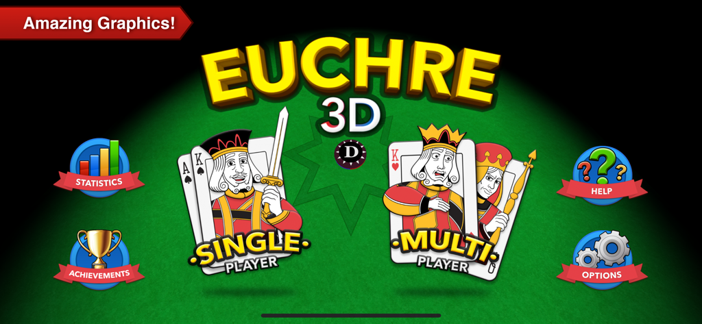 Schermata del menu principale dell'app Euchre 3D che mostra le modalità giocatore singolo e multigiocatore