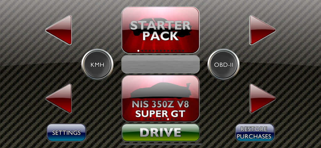 RevHeadz Engine Sounds - NIS 350Z V8スーパGT車選択とドライブボタンを表示するRevHeadzアプリメニュー