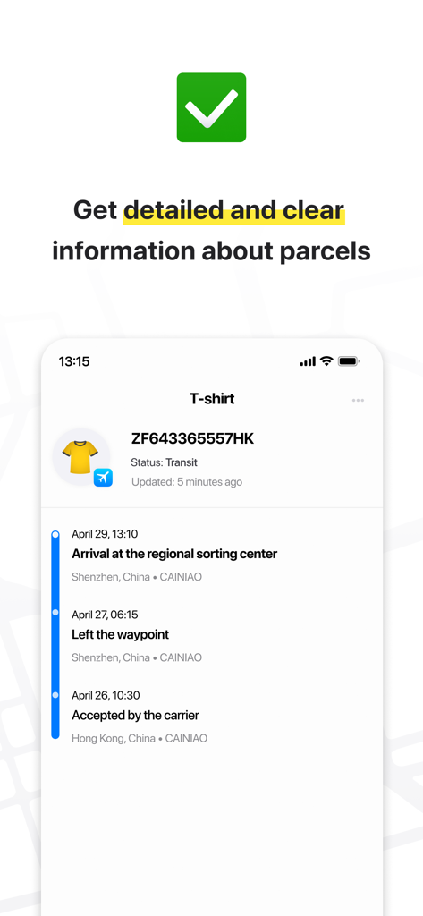 Package tracker: Parcels Hub - Parcels Hub app interface showing a detailed delivery status and tracking timeline for an international shipment.