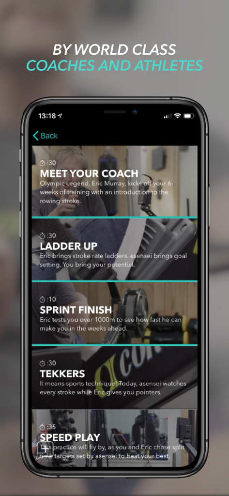 Asensei rowing app screen showing a list of rowing programs led by world class coaches and Olympic athletes
