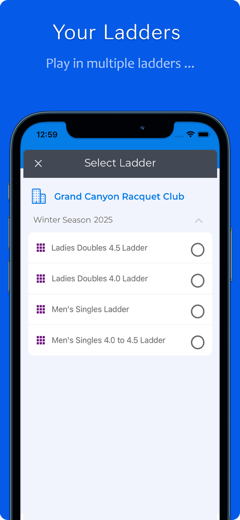 Pantalla de selección para varias ligas de tenis en la aplicación iTennisLadder