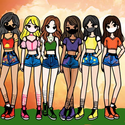 a group of girls wearing crop tops and shorts