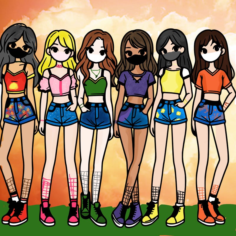 a group of girls wearing crop tops and shorts
