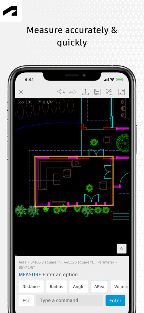 AutoCAD - AutoCADモバイルアプリのインターフェースには、スマートフォン画面に測定ツールがアクティブになった2D間取り図が表示されています。