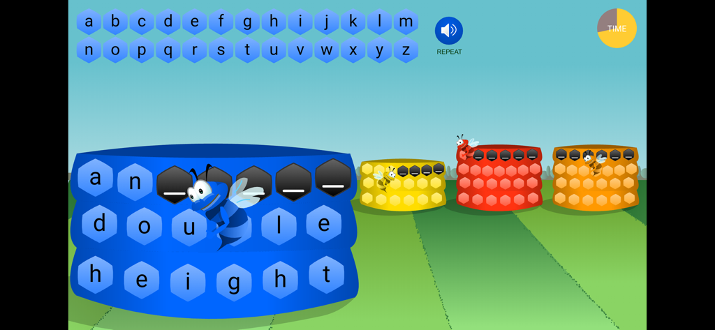 Arcademics - Arcademics Spelling Bees educational game screen featuring bees and honeycomb letter tiles for word building.