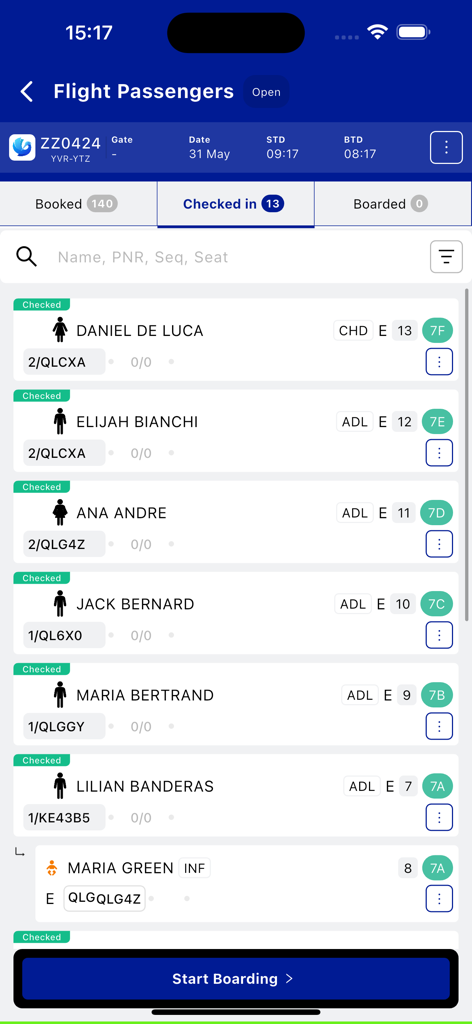 Multi DCS - Mobile interface of the Multi DCS app showing a list of checked-in passengers for flight ZZ0424 with seat assignments and passenger details