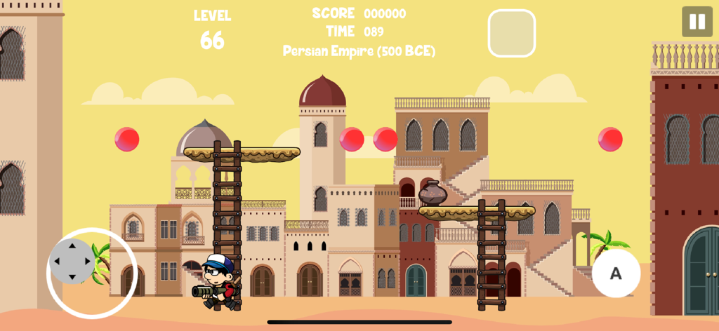 Pang In Time - Pang In Time arcade gameplay featuring a character with a harpoon gun in a Persian Empire themed level with red bubbles