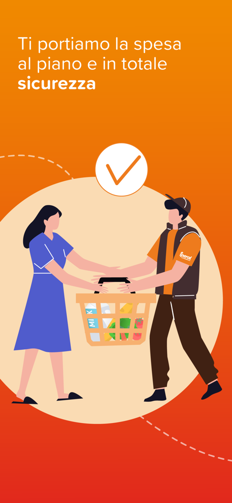 An illustration of a delivery courier handing a basket of groceries to a customer for home delivery service.