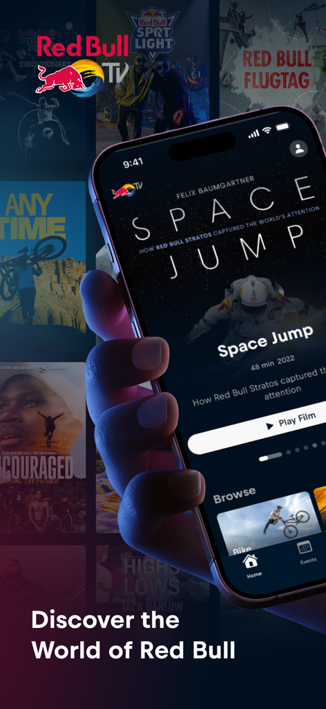 Smartphone screen displaying the Red Bull TV app featuring the Space Jump documentary