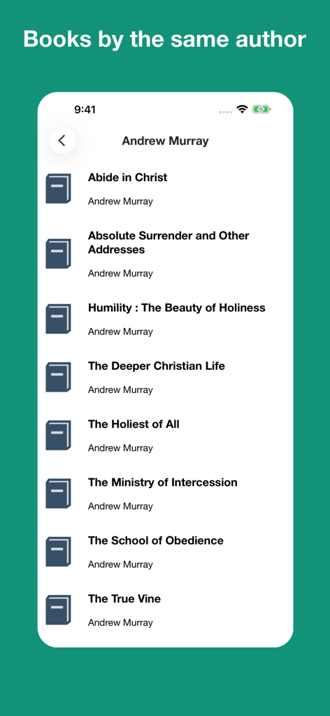 Christian Classics Books - Mobile App-Oberfläche, die eine Liste theologischer Bücher des Autors Andrew Murray anzeigt.