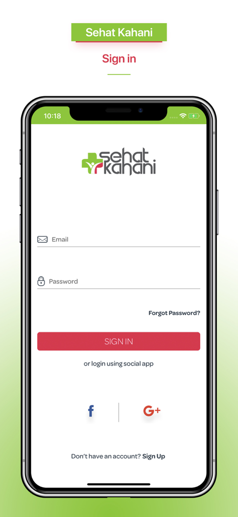 Tela de login do aplicativo Sehat Kahani Corporate mostrando campos de entrada de e-mail e senha com opções de login social