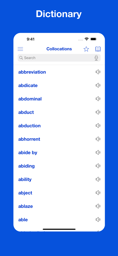 Dictionary of Collocations app interface showing an alphabetical word list with audio icons