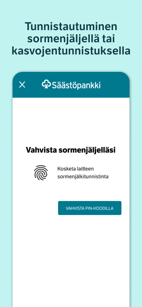 Säästöpankki Tunnistus 모바일 앱 화면에 지문 아이콘을 통한 생체 인식 인증이 표시됨
