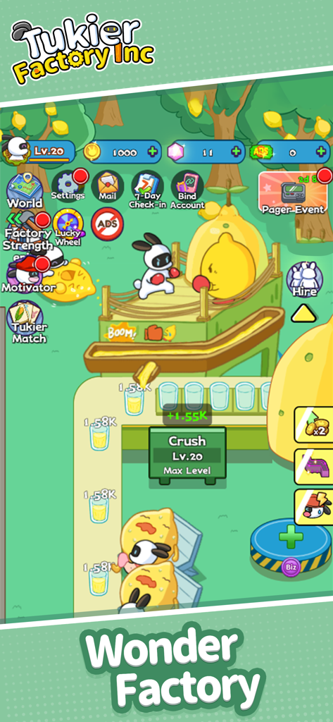 Tukier Factory Inc.-Idle Game - Adorable bunny employee crushing lemons in the Wonder Factory level of Tukier Factory Inc.