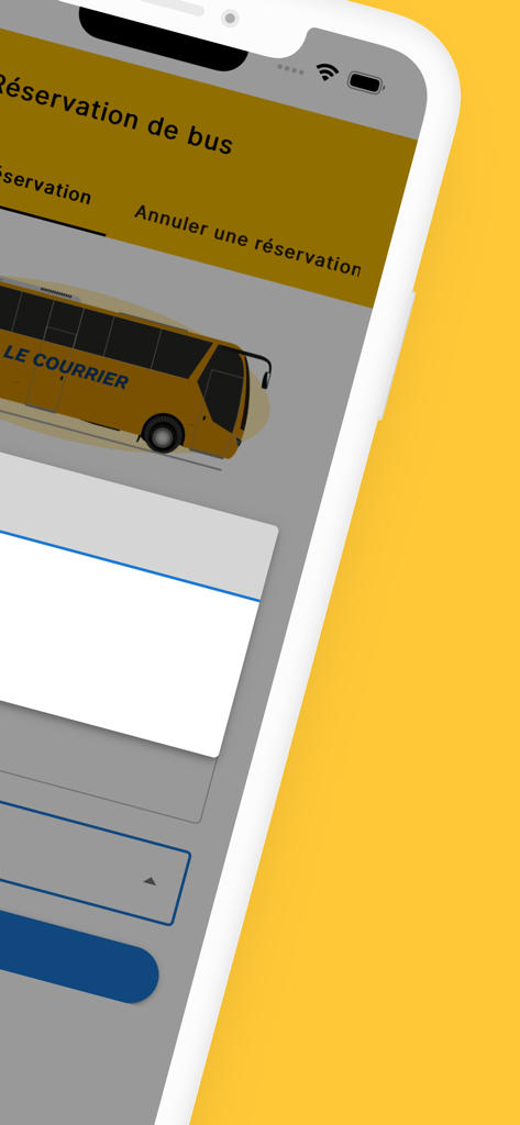 E-POSTE - Interface of the E-POSTE app showing the bus reservation screen for Le Courrier transport service in Togo.