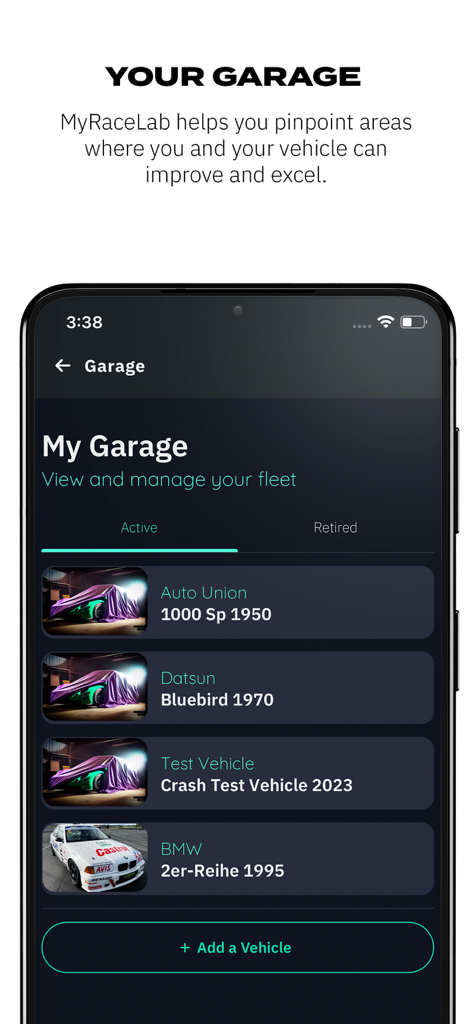 MyRaceLab: Lap & Race Timer - Interfaz del garaje de la aplicación MyRaceLab que muestra una lista de vehículos de carrera activos y un botón para añadir vehículo.