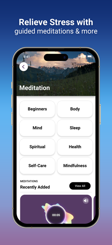 Me: Motivation & Wellness - Meditation interface of the Me app showing categories such as beginners sleep and mindfulness for stress relief