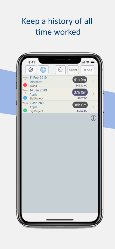 Timesheet Plus - iPhone screen showing the Timesheet Plus app work history with total hours and earnings per client