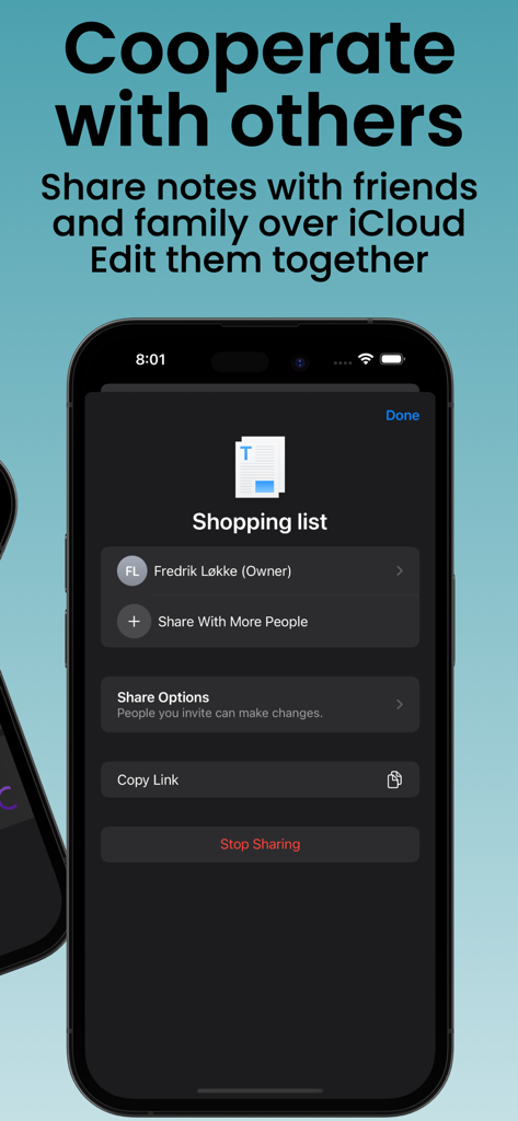 Cloud Notes: Notes and Lists - Interfaz para compartir una lista de compras con otros a través de iCloud