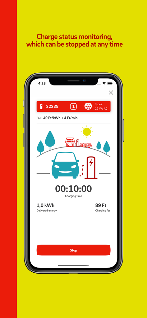 drivE.ON - Hungary - The drivE.ON app screen showing real-time EV charging progress time and cost