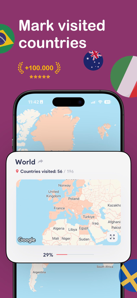 Balloon Been: Visited Map - Interfaz de la aplicación Balloon Been que muestra un mapa mundial con 56 países visitados y una barra de progreso de viaje del 29 por ciento.