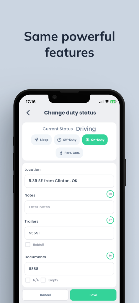 Quantum Logbook ELD app interface for changing driver duty status including options for Driving Off-Duty and Sleep