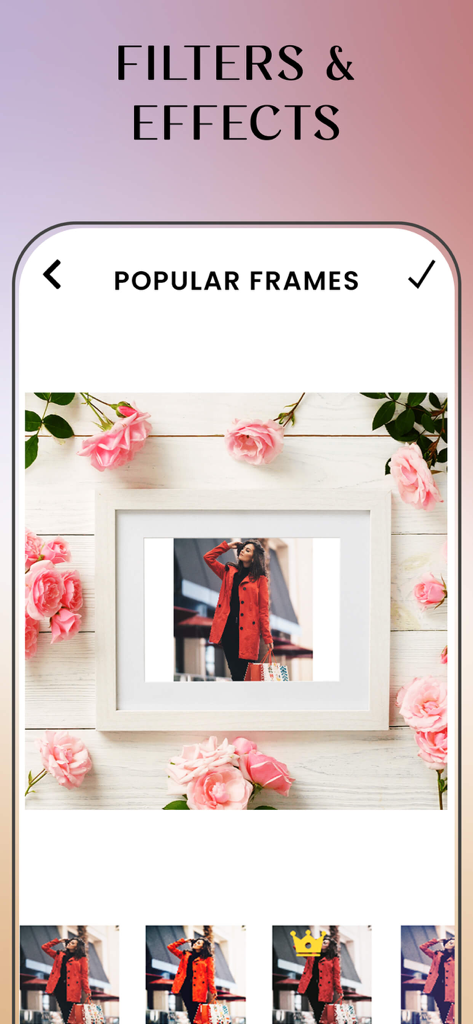 Interface of the Family Tree Collage Maker app showing popular floral frames and photo filter options
