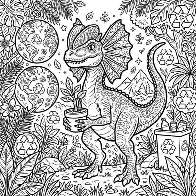 Embark on an eco-friendly adventure with this unique Dilophosaurus Earth Day coloring page. This intricate design beautifully blends prehistoric charm with vital messages of environmental care, inviting you to add a splash of color.