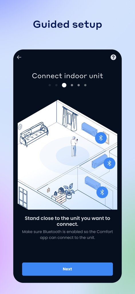 Guided setup screen for connecting an indoor HVAC unit in the Comfort by Mitsubishi Electric app