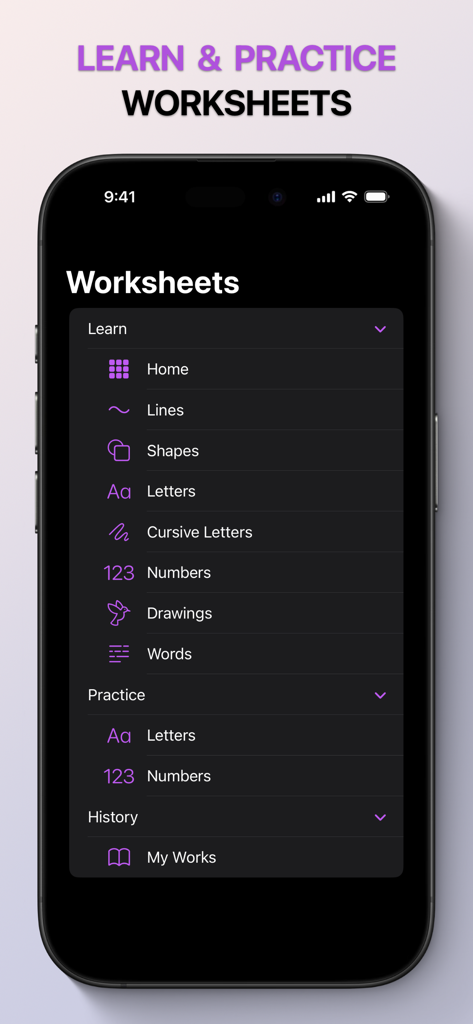 Cursively Handwriting Practice - Menu screen showing various handwriting practice worksheets for letters and shapes