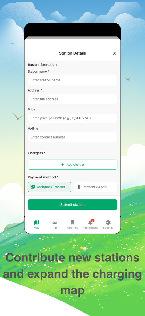 Việt EV - Mobile screen showing the form to contribute a new EV charging station including fields for name address price and payment method