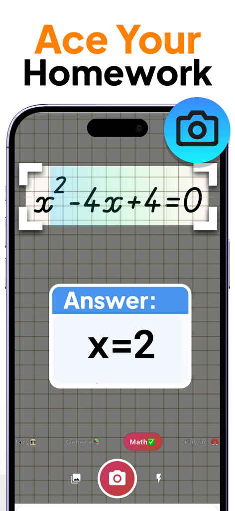 AI Math Solver - MathStar - AI Math Solver app scanning a quadratic equation and displaying the answer on a smartphone screen