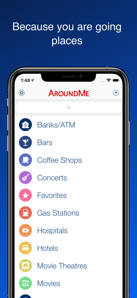 AroundMe App-Oberfläche, die Kategorien zur Suche nach nahegelegenen Banken, Restaurants und Krankenhäusern anzeigt