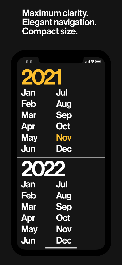 Eine minimalistische Kalender-App-Oberfläche mit einer sauberen Jahres- und Monatsnavigationsliste auf dunklem Hintergrund.