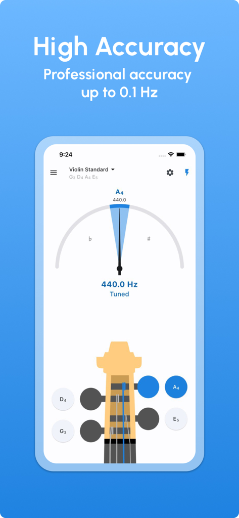Violin Tuner LikeTones app interface showing high precision tuning at 440Hz