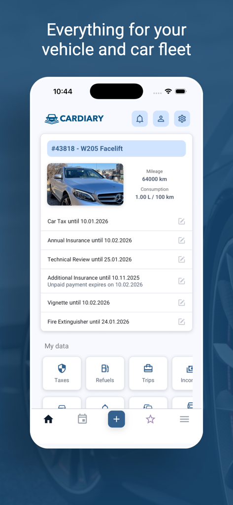 CarDiary - Expenses and fuel - CarDiaryモバイルアプリのダッシュボード。車両メンテナンスの期限と走行距離の追跡が表示されています
