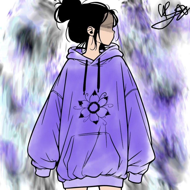 realistic girl with a oversized sweatshirt on and a bun