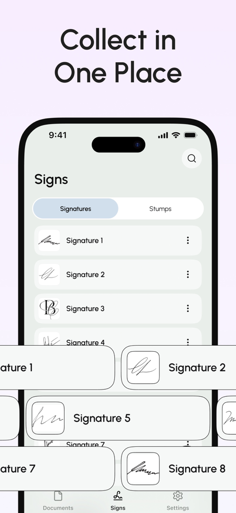 A mobile app screen showing multiple saved digital signatures organized in one place for easy document signing.