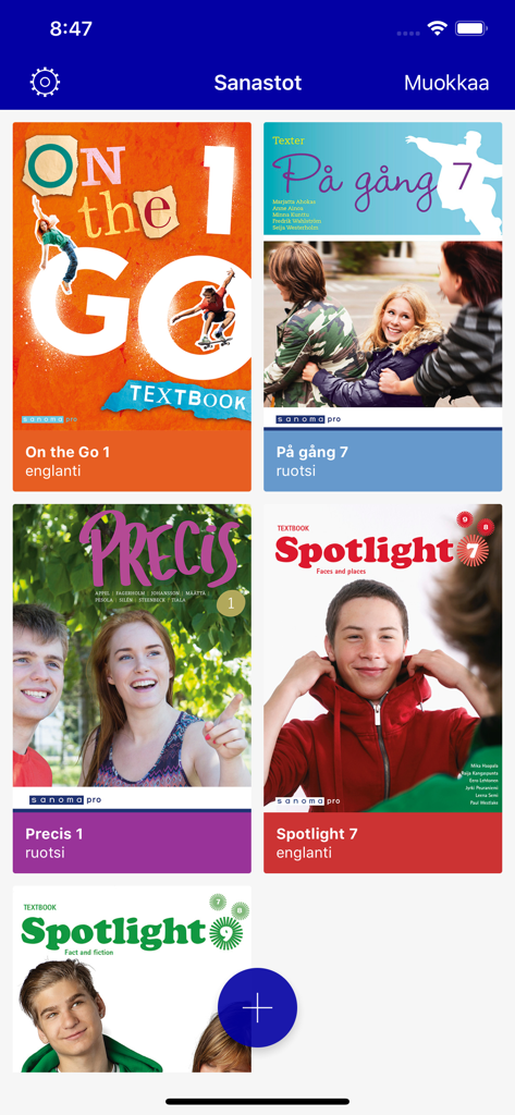 Sanoma Pro Sanastot - Interface of Sanoma Pro Sanastot app displaying a selection of English and Swedish language learning textbooks