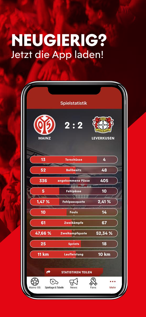 Tela de estatísticas detalhadas da partida no aplicativo Mainz 05 mostrando dados do jogo ao vivo