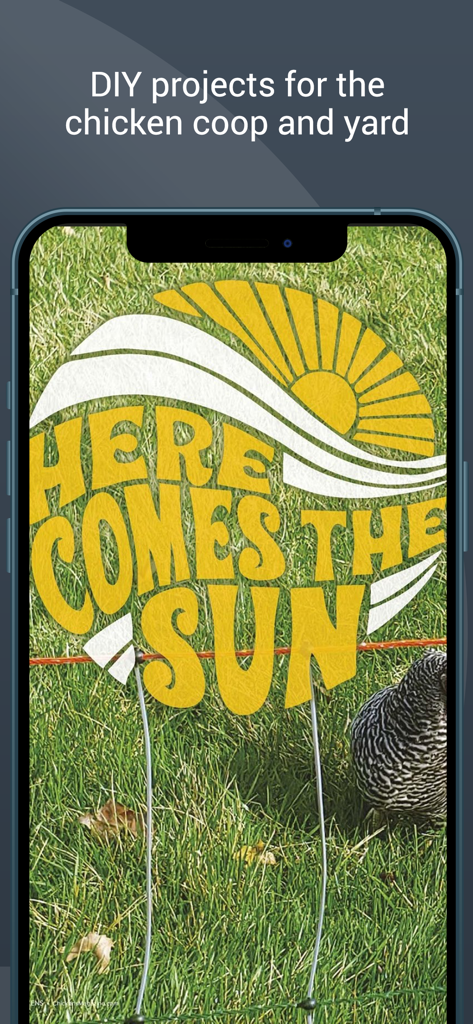 Captura de tela do aplicativo Chickens Magazine apresentando projetos DIY para o galinheiro e quintal.
