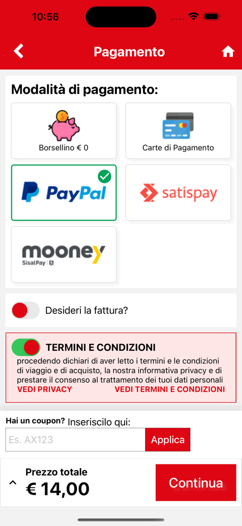 Sais Autolinee - Schermata di pagamento dell'app mobile Sais Autolinee che mostra opzioni per PayPal, carte di credito e Satispay