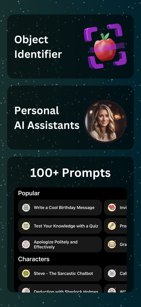 Lena: AI Chatbot Assistant - Lena AI 챗봇 앱 기능 스크린샷 (객체 식별 개인 비서 및 프롬프트 라이브러리 포함)