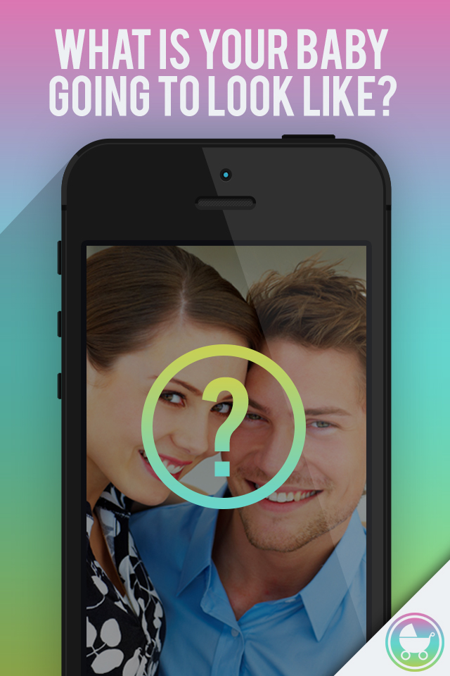 Baby Maker - See Your Future Child, Mix Mom & Dad Faces, and Make Beautiful Babies - A smartphone displaying a couple with the text What is your baby going to look like over a colorful background.
