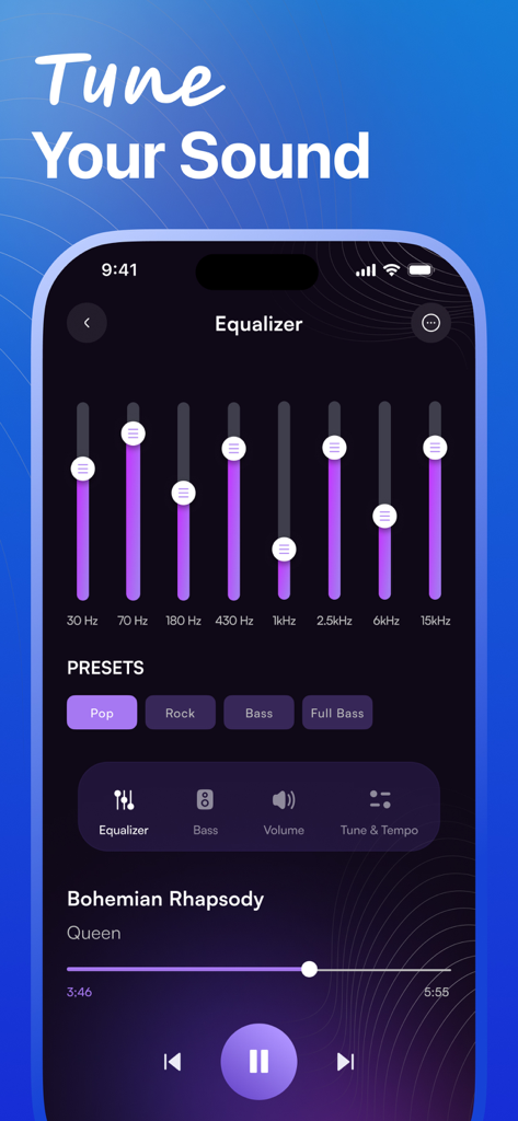 Volume Booster app equalizer screen showing frequency sliders and sound presets